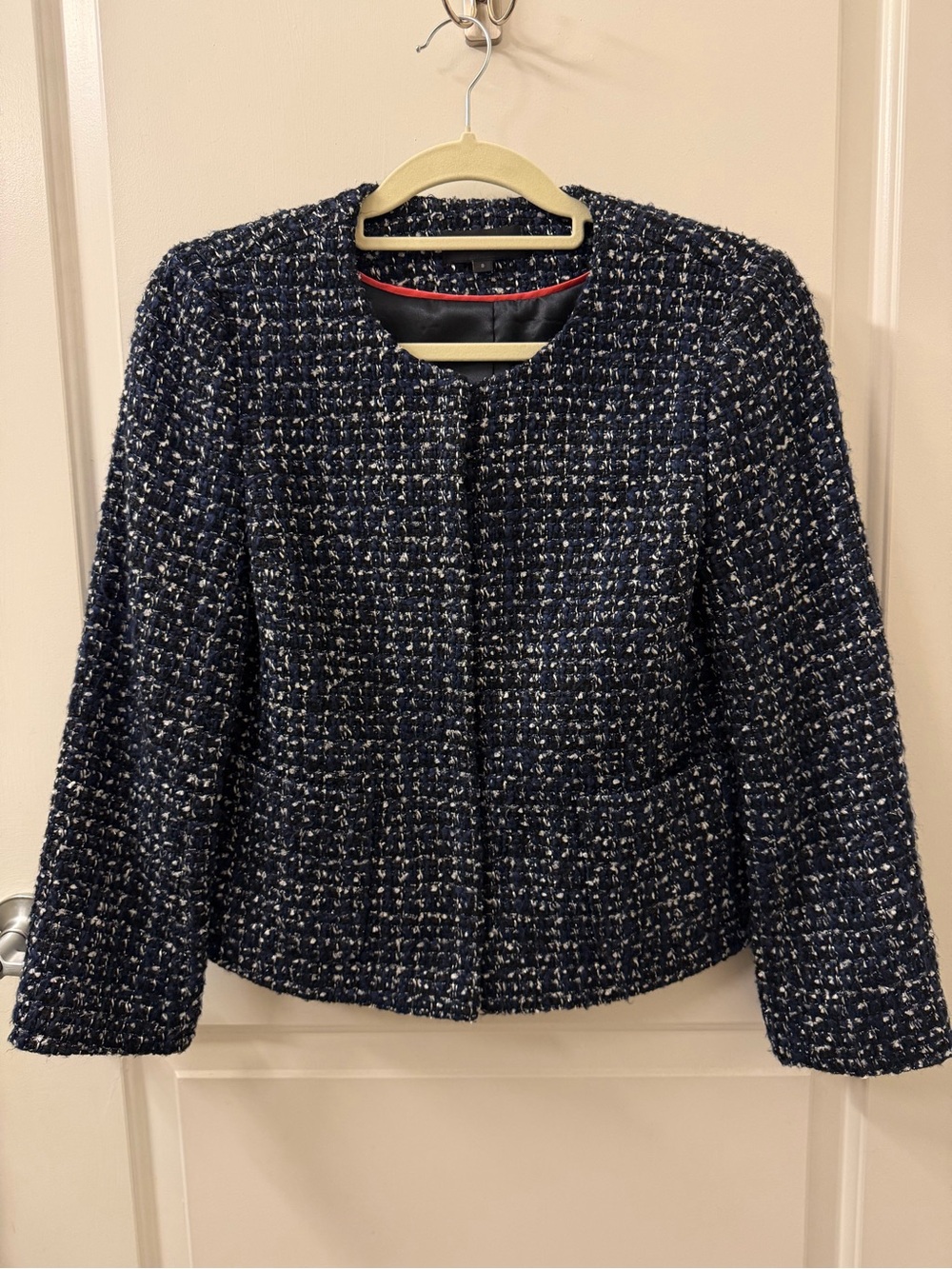 J. Crew Wool Blend Tweed Black Navy Bouclé Sparkle Cropped Jacket 3/4 Sleeve 8